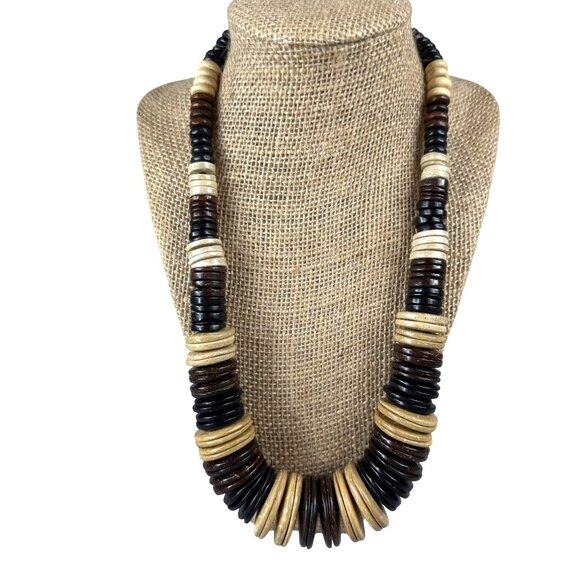 Chunky Natural Wood Bead Necklace Black Brown/Beige Layers & Loop Button Closure - Picture 1 of 16